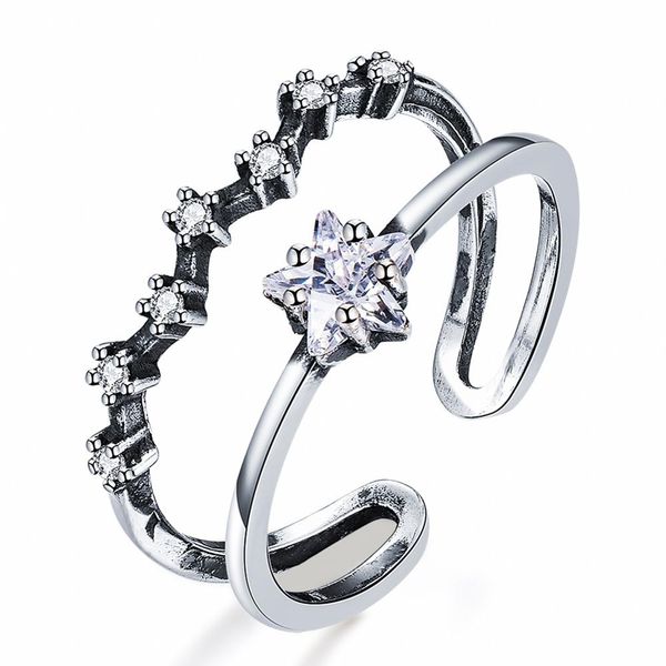 

cute female small star ring real 925 sterling silver open adjustable ring promise love engagement rings for women, Golden;silver