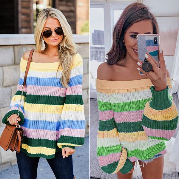 

2019 striped sweater slash neck long sleeve pullover knitted sweaters for women autumn winter sweater women sj3072