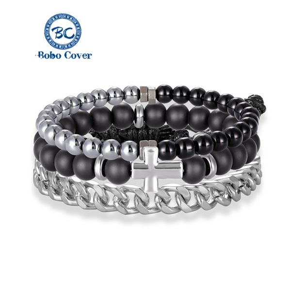 

classic men cross bracelet set handmade black hematite beaded bracelet female prayer dumbbell fitness chain couple jewelry gift