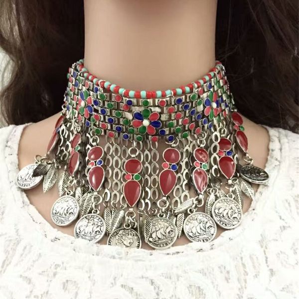 

bohemian jewelry retro round chain collar bib necklace choker vintage coin braided tassel large pendant necklace for women, Golden;silver