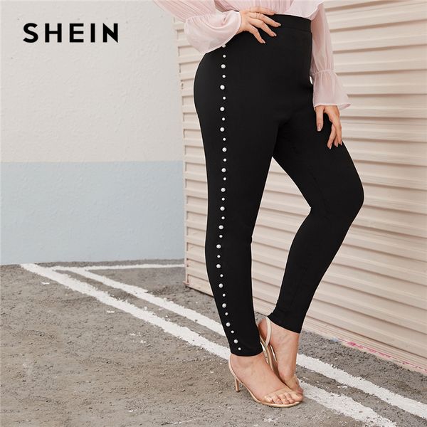 

shein plus size pearl embellished black skinny pants women autumn spring solid elegant long fitted trousers pencil pants, Black;white