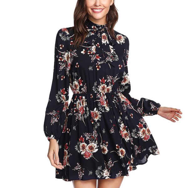 

Floral Women Dresses Elegant Long Sleeve party dress Winter Lace Up casual winter dress vestidos mujer 2018 ##