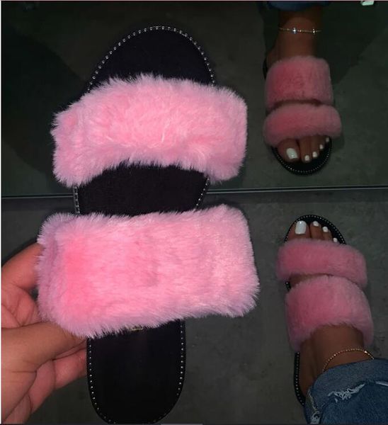 

women fur sandals home outdoor silppers, Black