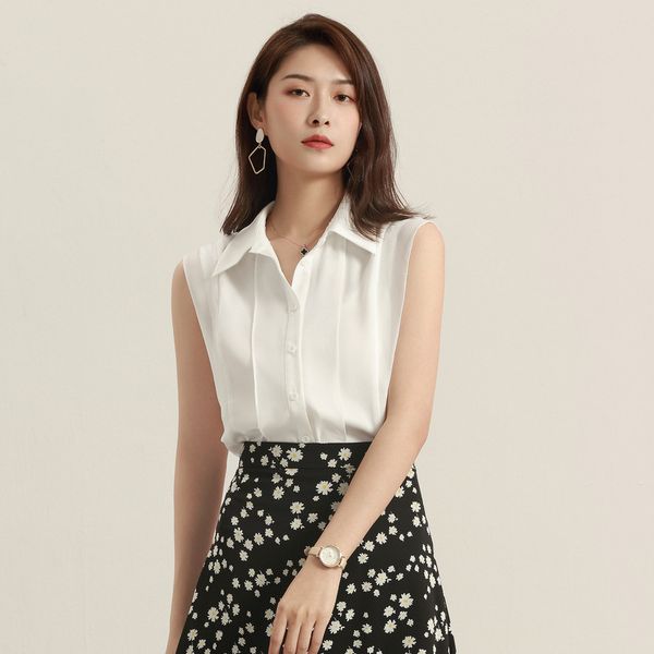 

2020 summer new boutique women's korean fashion simple solid color cardigan sleeveless chiffon shirt women, White