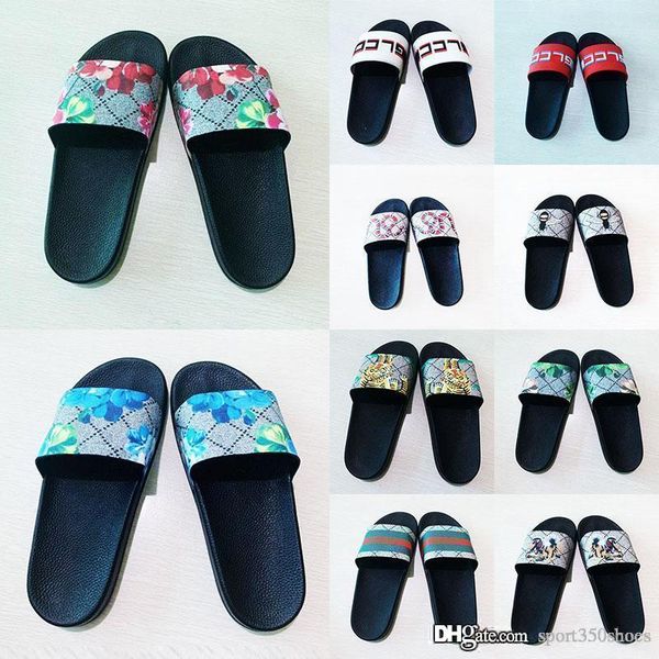 

with box fashion designer rubber slide sandal floral brocade women striped beach causal slipper men slipper gear bottoms flip flops us5-11, Black