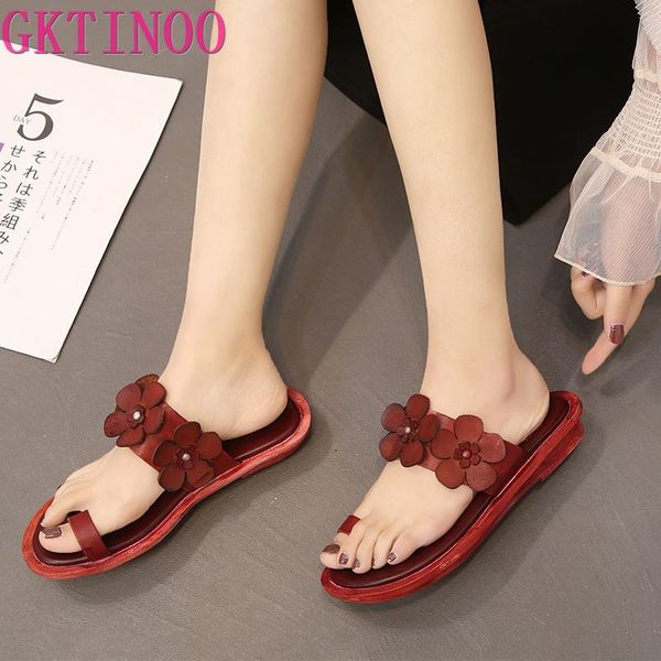 

gktinoo women slippers 2019 summer slippers flat flip flops genuine leather shoes vintage flowers women slip on beach flip flops, Black