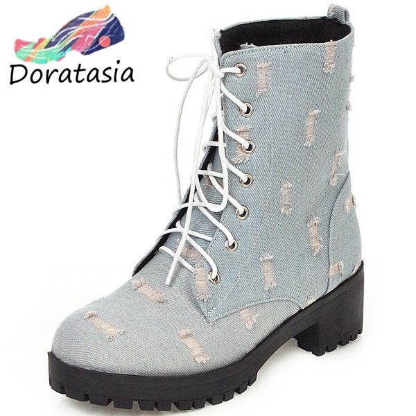 

2019 winter big size 43 leisure fashion shoes woman denim boots female shoes lace up ankle boots women, Black