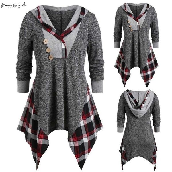 

vestidos ropa mujer winter dress above knee mini women plus size hooded asymmetric tee buttoned plaid print long sleeve t shirt robe, Black;gray