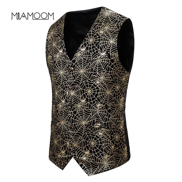 

miamoom men suit vest new men's waistcoat slim-fitting fashion spider web gilt printed waistcoat dress, Black;white