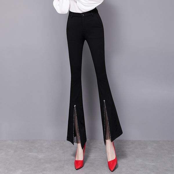 

women's flared pants high waist 2020 summer new black micro pull pants was thin split trousers drape flared trouser, Black;white