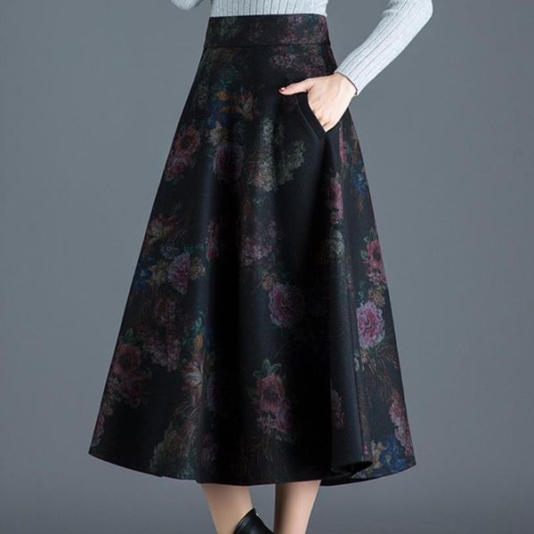 

autumn winter woolen skirt women retro thick high waist long skirt big swing prints wool skirts a-line plus size 4xl, Black