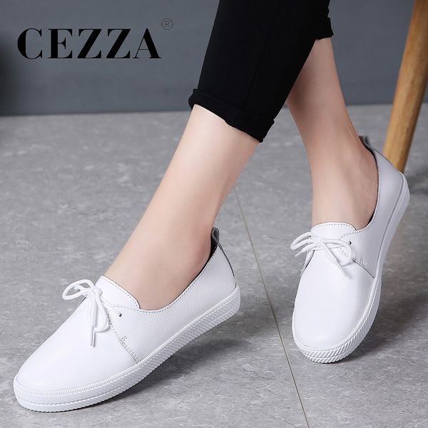 

cezza women flats loafers shoes ladies genuine leather flats shoes female lace up loafers casual lace-up walking woman, Black