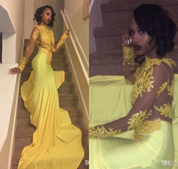 

yellow lace appliqued south african prom dress mermaid long sleeve banquet evening party gown custom made plus size cocktail dress, Black