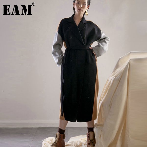 

eam] loose fit contrast color split long big size woolen coat parkas new long sleeve women fashion autumn winter 2019 1h171, Black