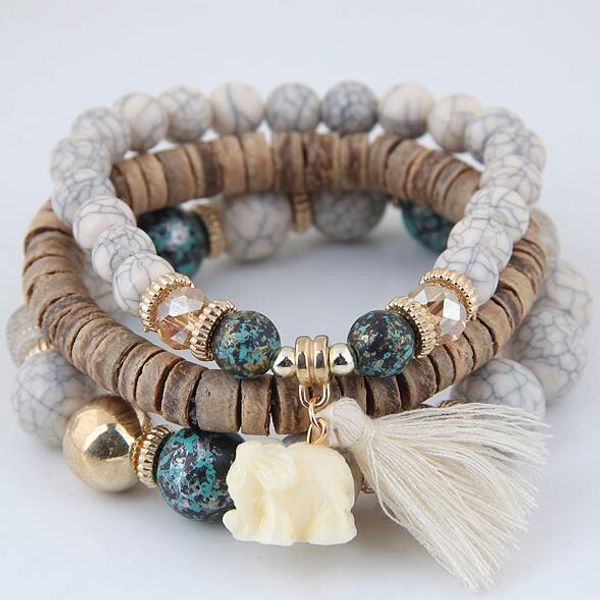 

3pcs/set wooden beads bracelets for women bohemia elephant tassel charm bracelets & bangles set boho vintage jewelry femme, Black