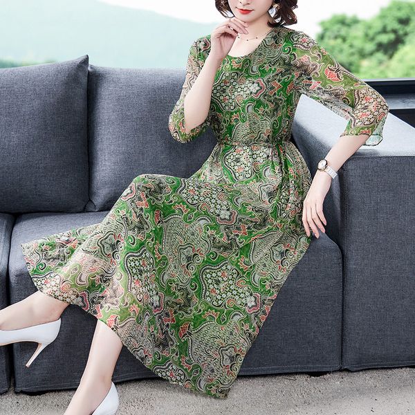 

natioanl style women printed vintage long dresses spring summer green vestidos plus size loose a-line holiday silk dress elegant, Black;gray