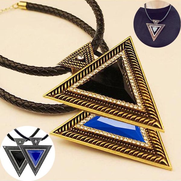 

lnrrabc new black choker vintage leather pendant women rhinestones triangle necklace sweater chain fashion jewlery, Silver