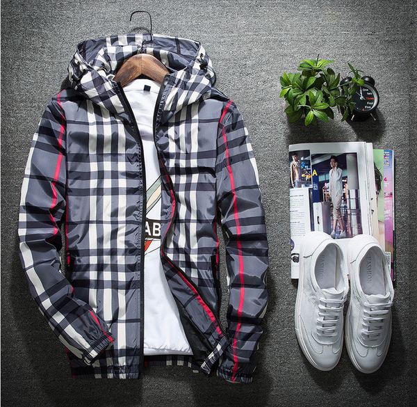 

men's fashion jackets wholesale men windbreaker long sleeve plus size jackets zipper pocket good quality casual hoodie coat plaid jacke, Black;brown