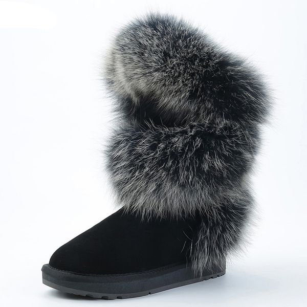 

Fashion Soft Arctic Fox Fur Winter Boots for Women Knee High Keep Warm Snow Boots Cow Suede Leather Black Grey
