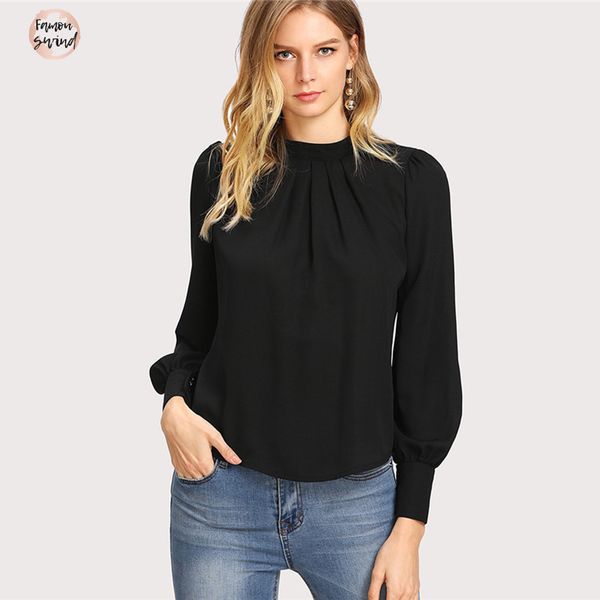 

блузы черного стенд воротник шифон топы workwear офис дама с длинным рукавом осень плиссе regular fit с длинным рукавом женщина elegant, White
