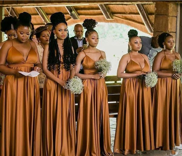 

a line gold stretch satin v neck bridesmaid dresses long 2020 african black girl long prom dresses party gown robes de demoiselle d'hon, White;pink