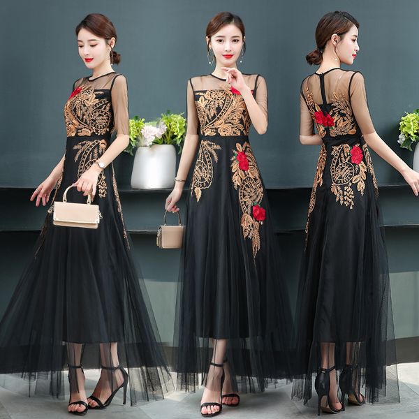

luxury formal long party dress women summer 2019 plus size elegant backless embroidery chiffon lace maxi dresses, Black;gray