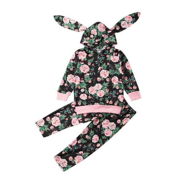 

newborn baby girl clothes flower hooded +long pants outfit set tracksuit, White