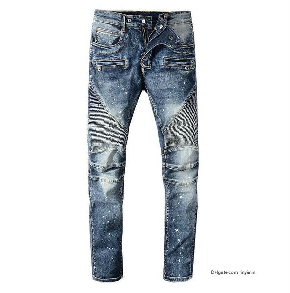 

balmain men мужские джинсовые дизайнерские проблемные узкие байкерские джинсы модные дизайнерские брюки промытые плиссированные панельные мо, Blue