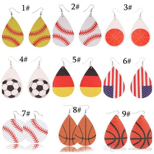 

leather sports dangle earrings baseball american germany national flag football soccer basketball softball drop earrings for women jewelry, Silver