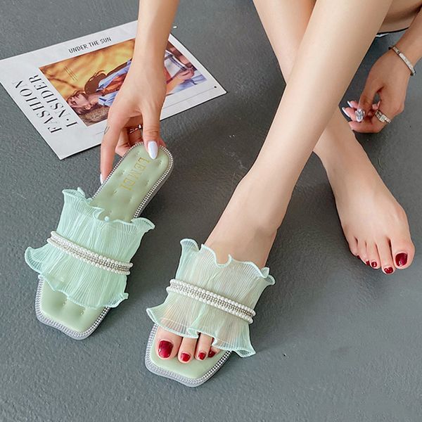 

flat shoes female transparent slippers slipers women string bead slides fashion 2020 rubber cotton fabric pu string bead, Black