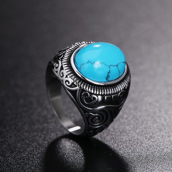 

wholesale- vintage pattern blue turquoise gemstones ttitanium steel ring european and american jewelry accessories for men and women, Golden;silver