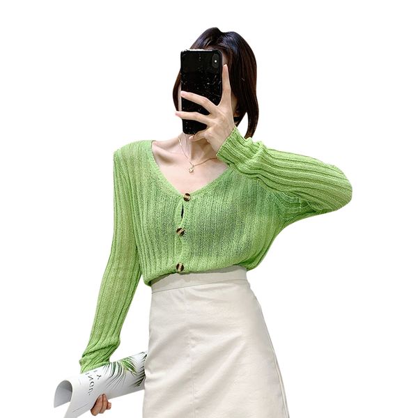 

women's autumn knit cardigan sweater new korean woman wild fruit green cardigan single breasted thin sweater gd058, White