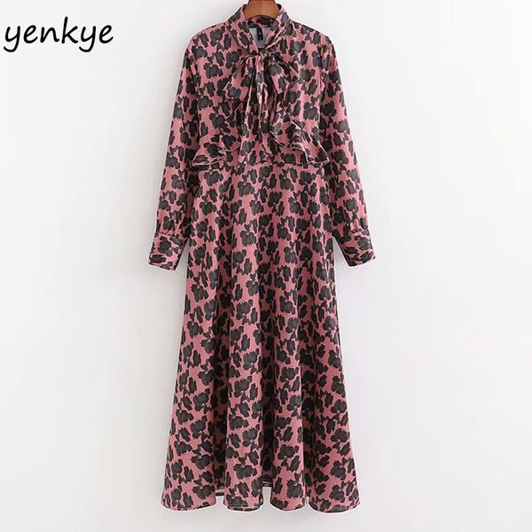 

women vintage print long dress femme ruffle bow tie collar long sleeve satin casual dress autumn vestidos xdwm2674, Black;gray