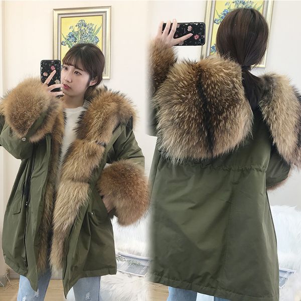 

real fur утка вниз пальто женский streetwear winter luxury енота меховой воротник куртки 2019 корейский толстый теплый уместиться parkas 001, Black