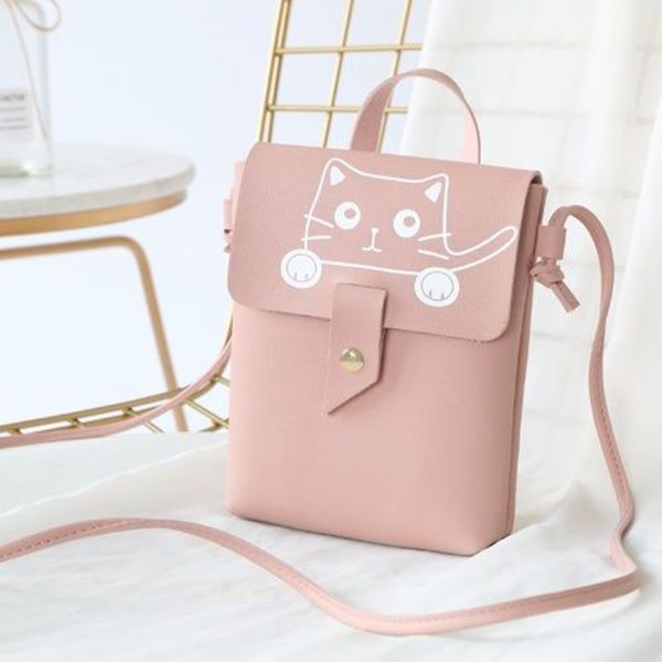 

women's pu cute cat pattern solid color small square bag mobile phone lipstick change storage bag sweet girl messenger