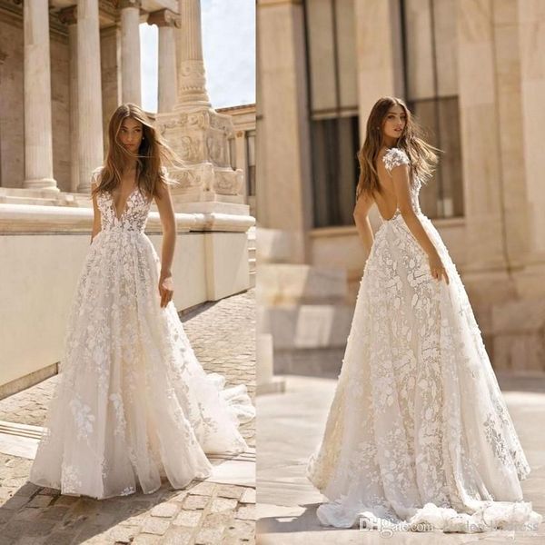 

romantic ivory capped sleeves lace wedding dresses deep v neck backless a line tulle lace appliqued wedding bridal gowns bc0771, White