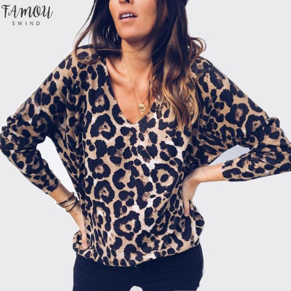 

fashion women new stretch loose v neck leopard print blouse female casual long sleeve autumn winter leopard shirts hot, White