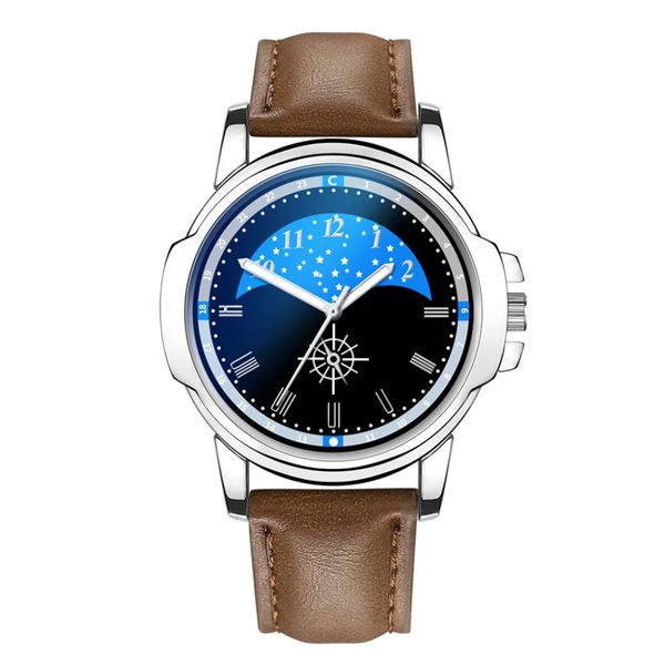 

faux leather men watches blue digital scale dial quartz wristwatch movement strap sport style clock new selling montre homme2019, Slivery;brown