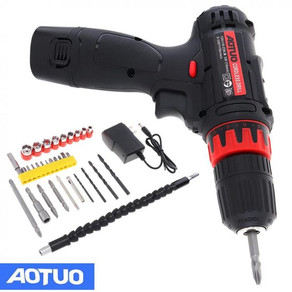 

aotuo ac 100 - 240 в аккумуляторная 12 в бытовая литиевая электродрели с пластиковой коробкой 32шт аксессуары для сверления / завинчивания