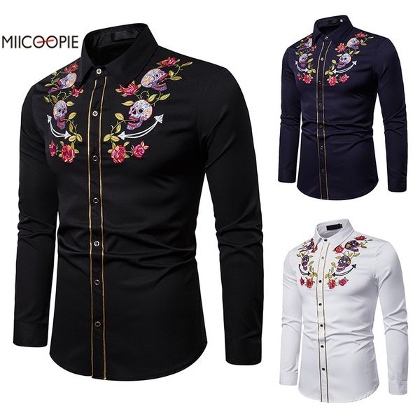 

rose skull embroidery long sleeve shirt fashion print casual men long sleeve shirt stitching fabric soft comfortable men, White;black