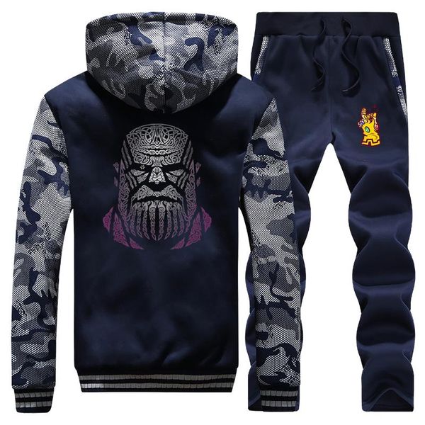

warm suit men winter sweatshirt hoodie+pants 2 piece sets men thanos hip hop thick fleece hoodies the mens tracksuit, Gray