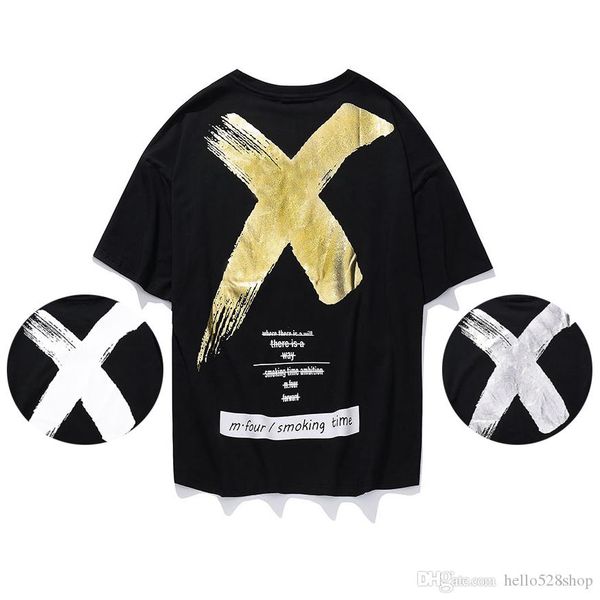 

ретро мода x дизайнер футболки мужчины свободные половина рукава золотая фольга серебряная краска скрещенные баннеры пара с коротким рукавом, White;black