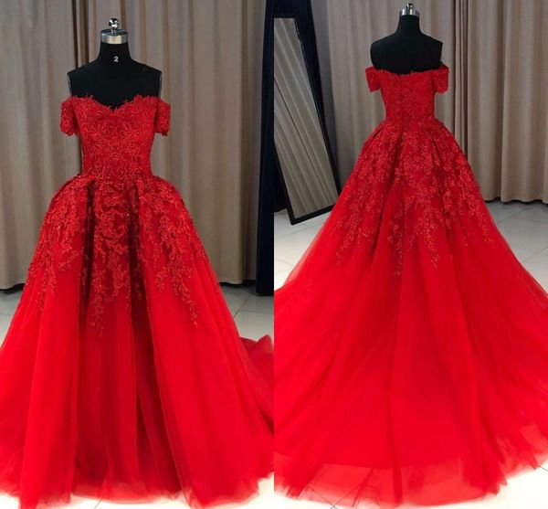 2019 vendita calda abito da ballo in pizzo rosso abiti da ballo spalla fredda manica corta peplo applique paillettes in rilievo vestito da laurea abito da festa formale