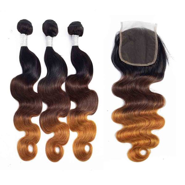 

Three tone ombre hair exten ion 3 bundle with 1 piece 4x4 part hair clo ure brazilian 100 human hair color t1b 4 27