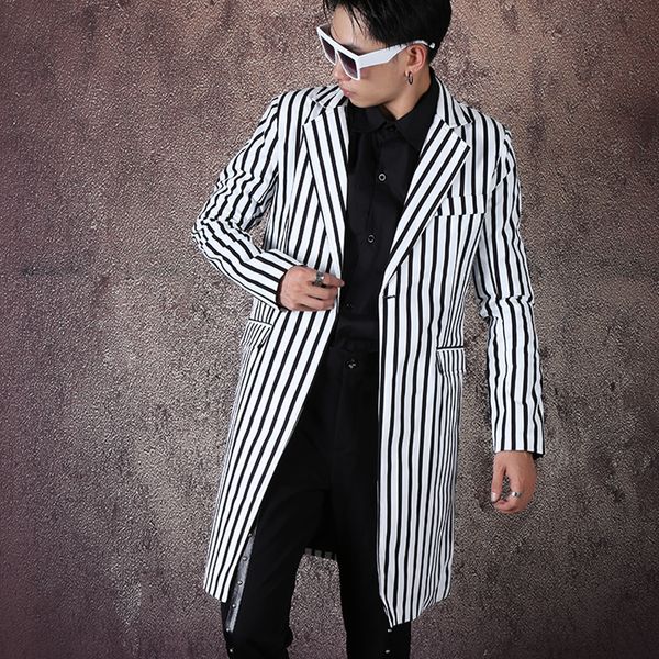 

men streetwear hip hop stripe print casual long blazer jacket male vintage fashion slim fit suit coat stage clothing, White;black