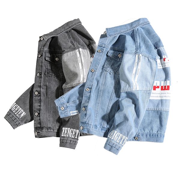 

2019 large size new denim clothing men's autumn printed letter denim jacket male youth loose stitching blue jacket male, Black;brown