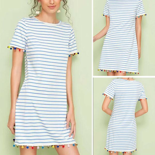 

new style women's dresses lady summer short sleeve casual loose sundress stripe mini tassel loose dress fashion 2019, Black;gray