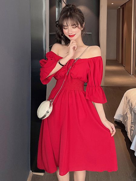 

womens dresses super fairy mori platycodon grandiflorum dress off-shoulder two-piece drawstring gentle wind chic mid-length elegant high wai, White;black