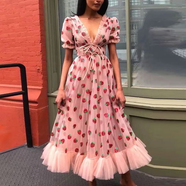 

runway rhinestone diamonds strawberry pink mesh maxi dress women short puff sleeve v-neck lace-up bow tunic lolita dress, Black;gray