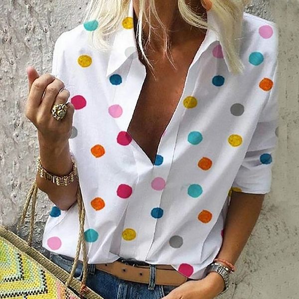 

vintage dot print blouse women turn down collar blusas long sleeve casual women boho camisa femenina button ladies shirt, White